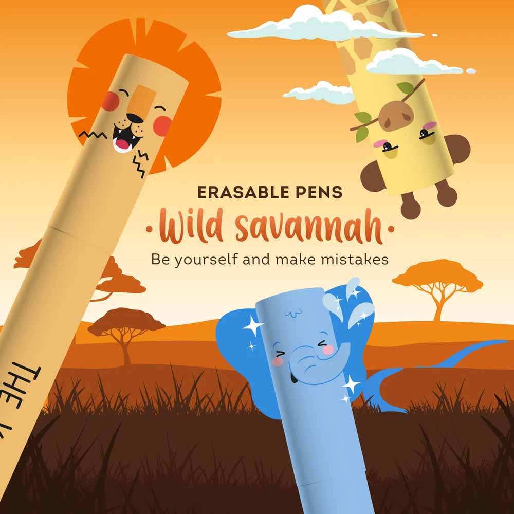 Set Of 3 Erasable Gel Pens - Wild Savannah_Kit_12Pcs - Lion + Elephant + Giraffe