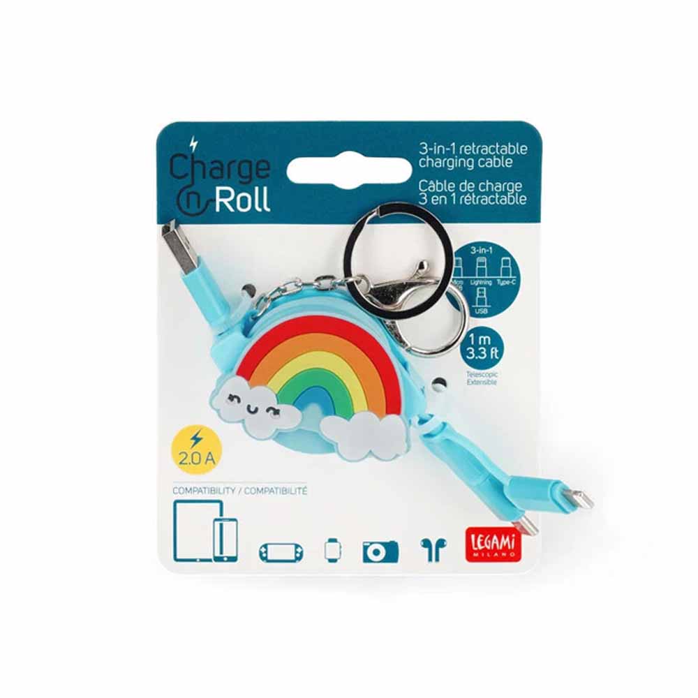 3-In-1 Retract. Charging Cable - Charge 'N Roll - Rainbow